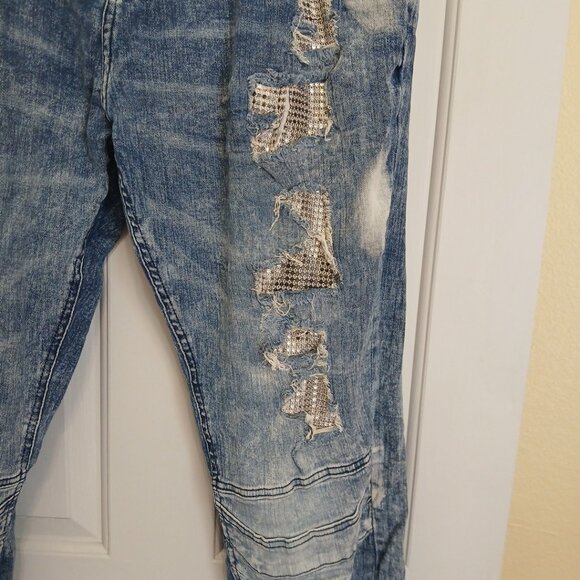 Encrypted Men's Distressed Sequin Y2K Streetwear Denim Jeans 42x34 1980 Vintage - Picture 5 of 14